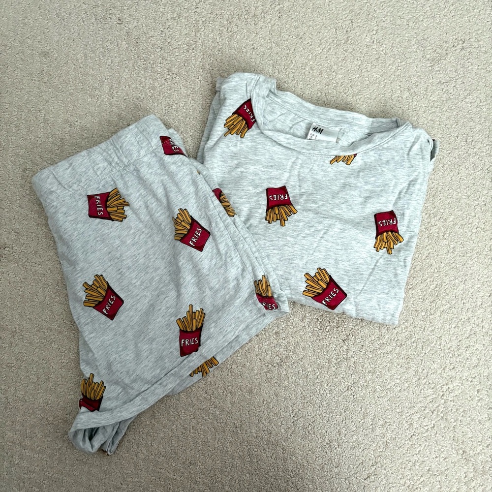 H&M Gray Pajama Set with Red & Yellow Fries Print